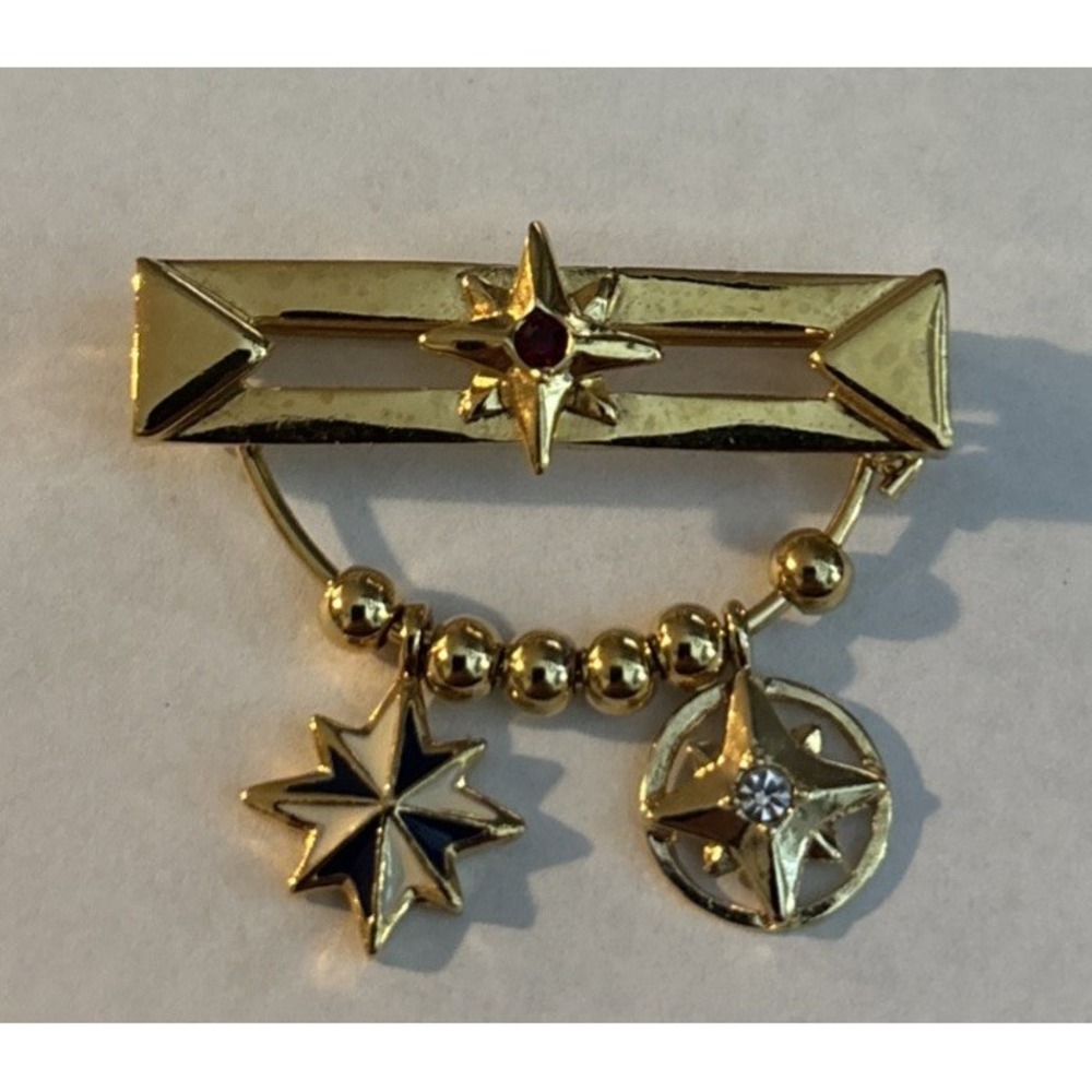 Vintage Avon Recognition Award Bar Pin Gold Tone Star Crystal Dangle Charms